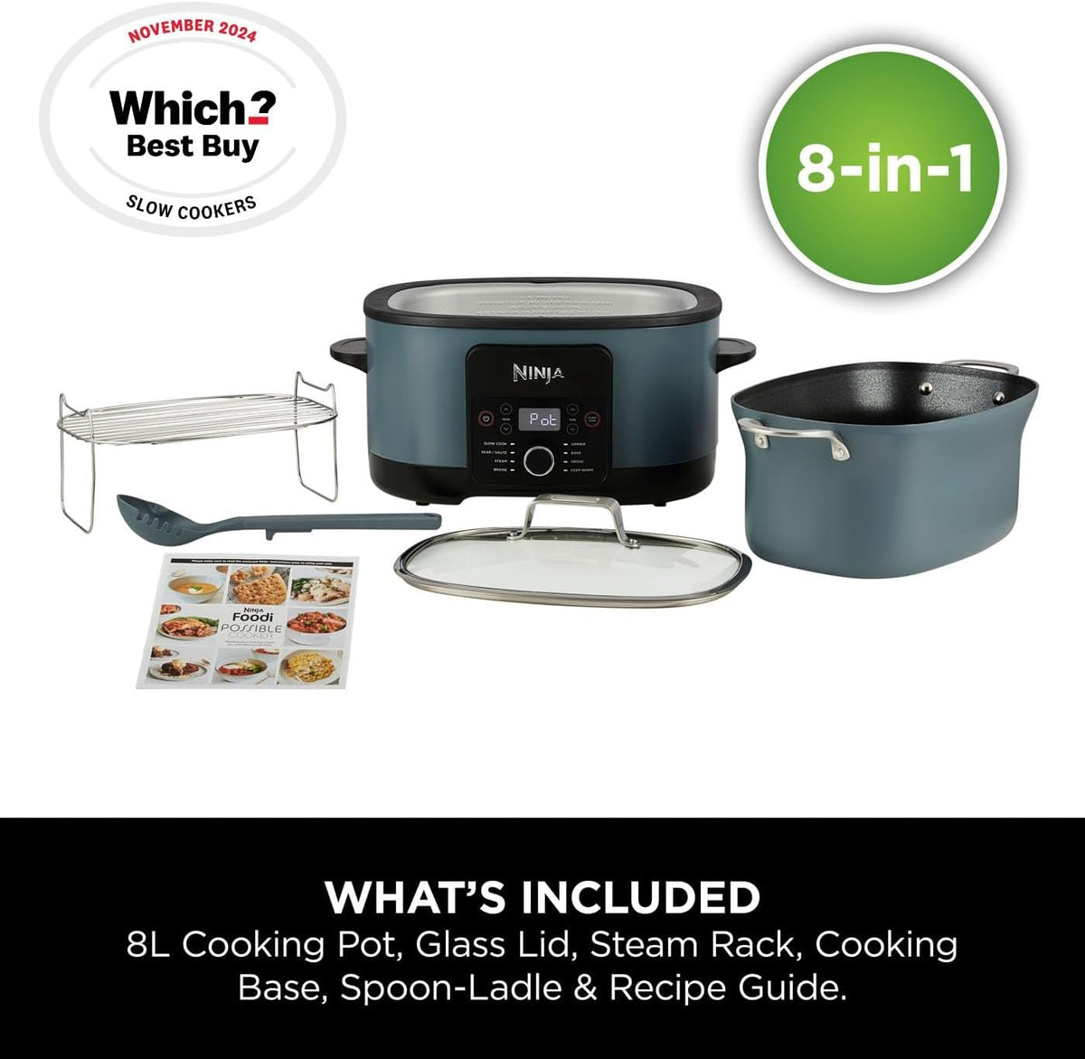 Ninja Foodi PossibleCooker, 8-in-1 8L Slow Cooker, Sea Salt Grey MC1001UK
