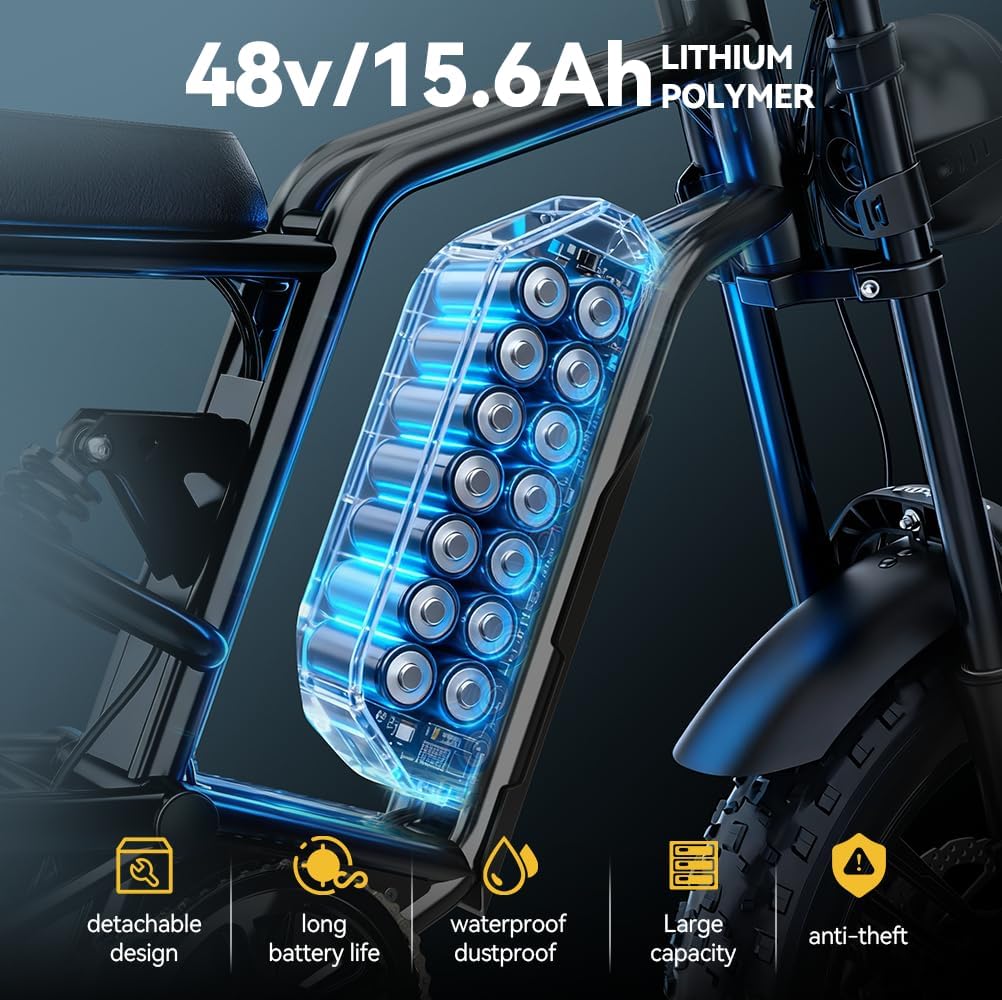 20" Fat Tire Electric Bike for Adults, 48V 15.6Ah Removable Battery, 80KM Range, 7-Speed E-Bike with Dual Suspension - image 8
