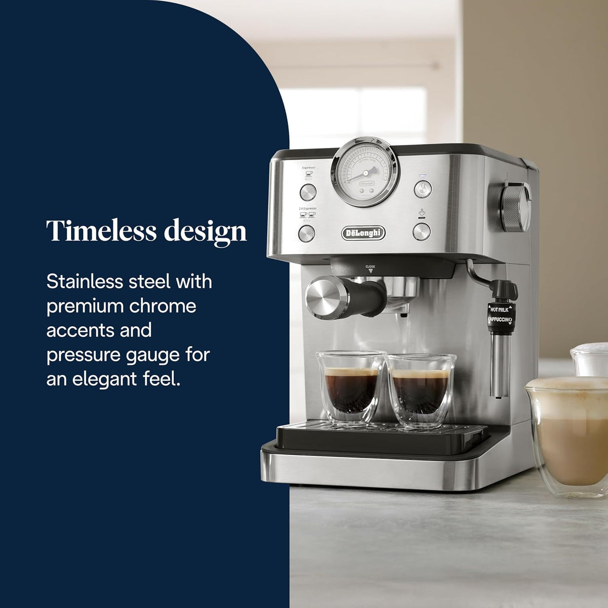 De'Longhi Classic EM450.M, Manual Coffee Machine with Steam Wand, Barista Pump Espresso Machine, Cappuccino Nozzle, Double Wall Filter Basket, 15bar, Fit Mug Up to 13cm, Stainless Steel/Metal