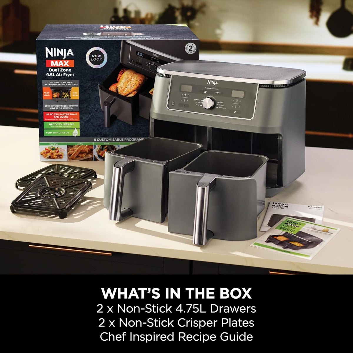 Ninja MAX Dual Zone 9.5L Air Fryer, 2 Drawers, Gunmetal DZ400UK