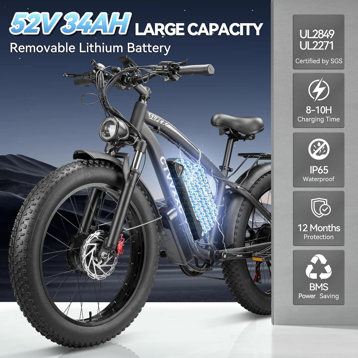 Electric Bicycle with Dual Motor Assist, Removable 52V Battery, 7-Speed Gears, 24-Inch Fat Tires - image 2